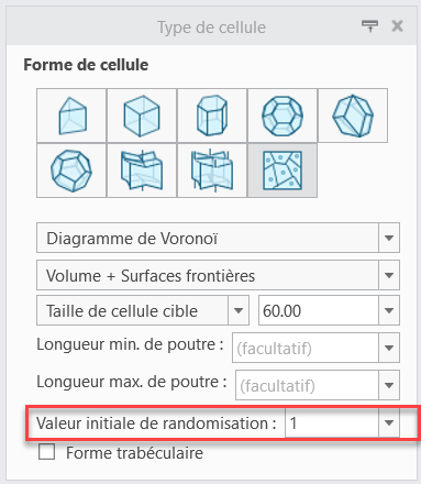 Valeur initiale de randomisation dans l'onglet Type de cellule (Cell Type)