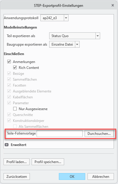 Das STEP-Exportprofil enthält eine neue Option: Teile-Folienvorlage (Part layer template). Auf diese Weise können Sie den Pfad zu einer Folienanpassungsdatei angeben, die dann als Folienstatusvorlage für neuer STEP AP242 Edition 3-Teilexporte verwendet wird.