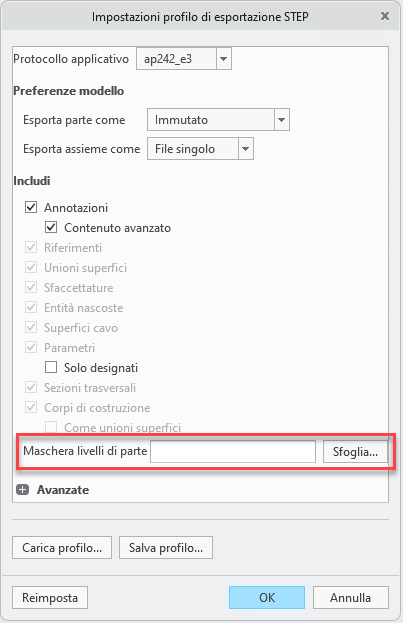 Il profilo di esportazione STEP contiene una nuova opzione: Maschera livelli di parte (Part layer template). In questo modo è possibile specificare il percorso di un file di personalizzazione dei livelli da utilizzare come maschera dello stato dei livelli per le esportazioni di nuove parti STEP AP242 Edition 3.
