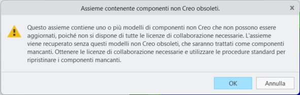 Questo assieme contiene uno o più modelli di componente non che non possono essere aggiornati, poiché non si dispone di tutte le licenze di collaborazione richieste. L'assieme viene recuperato senza questi modelli non obsoleti, che vengono considerati come componenti mancanti. Ottenete le licenze di collaborazione richieste e utilizzate le procedure standard per ripristinare i componenti mancanti.