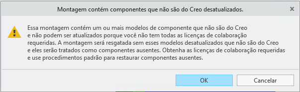 Esta montagem contém um ou mais modelos de componente que não são do que não podem ser atualizados porque você não tem todas as licenças de colaboração requeridas. A montagem será resgatada sem esses modelos desatualizados que não são do e eles serão tratados como componentes ausentes. Obtenha as licenças de colaboração requeridas e use os procedimentos padrão para restaurar os componentes ausentes.