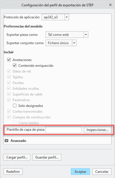 En el perfil de exportación de STEP se incluye una opción nueva: Plantilla de capa de pieza (Part layer template). Esta opción permite especificar la ruta del fichero de personalización de capas, que luego se utilizará como plantilla de estado de capa para las nuevas exportaciones de piezas de STEP AP242 Edition 3.