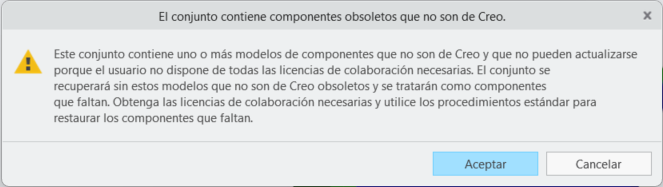 Este conjunto contiene uno o varios modelos de componentes que no son de y no se pueden actualizar porque no se dispone de todas las licencias de colaboración necesarias. El conjunto se recuperará sin estos modelos obsoletos que no son de y se tratarán como componentes faltantes. Obtenga las licencias de colaboración necesarias y utilice los procedimientos estándar para restaurar los componentes que faltan.