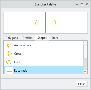 Sketcher Palette dialog box showing different shapes.