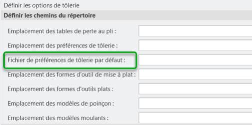 Section des chemins de répertoire des options de tôlerie
