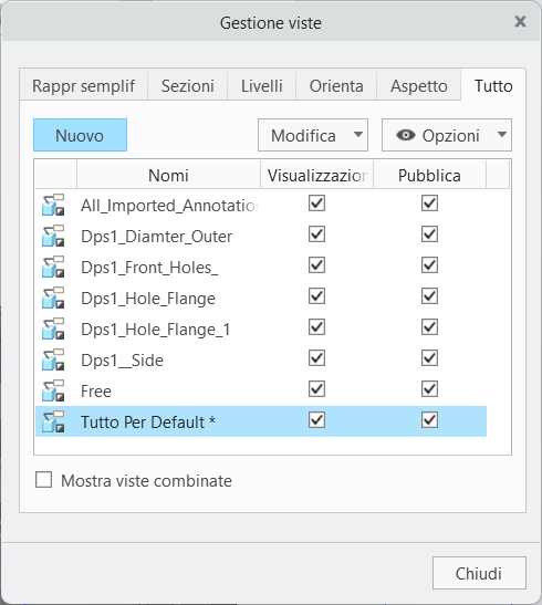 Finestra di dialogo Gestione viste (View Manager) in Creo Parametric che mostra PianiDocumento con caratteri precedentemente non supportati.