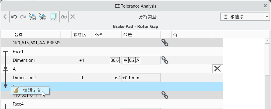 EZ Tolerance Analysis 对话框，其中显示包含尺寸和公差的轴向间隙叠加表，以及配对特征的上下文菜单，其中显示“编辑定义”(Edit Definition) 选项。
