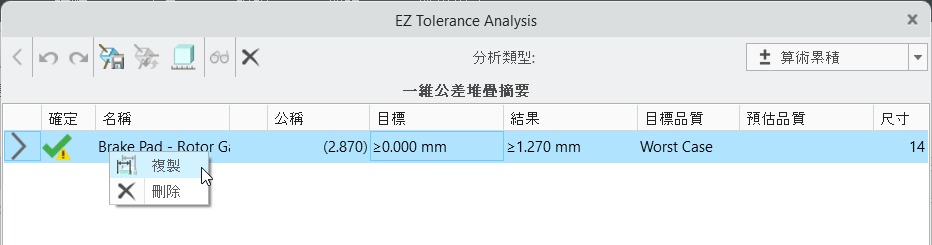 顯示「一維公差堆疊摘要」(Summary of 1D Tolerance Stackups) 表的 EZ Tolerance Analysis 對話方塊，其中針對堆疊列開啟前後關聯選單，且「複製」(Duplicate) 指令會反白顯示。