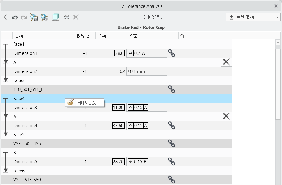 EZ Tolerance Analysis 對話方塊，顯示貼合特徵捷徑功能表中的「編輯定義」指令。