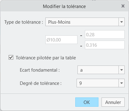 Boîte de dialogue Modifier la tolérance affichant le type de tolérance Plus-Moins, la case Tolérance pilotée par la table cochée, l'Ecart fondamental A et le Degré de tolérance 9.