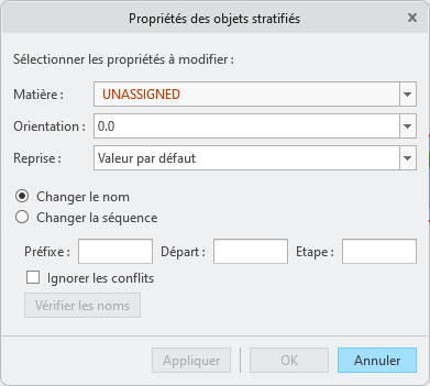 Boîte de dialogue Propriétés des objets stratifiés affichant l'étiquette DESATTRIBUE dans la zone Matière.