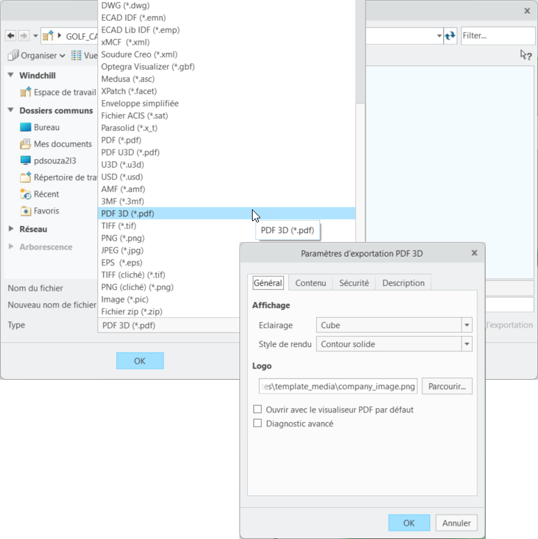 Le menu Type (Type), qui sélectionne le type de fichier PDF 3D, ainsi que la boîte de dialogue Paramètres d'exportation PDF 3D. L'onglet Général (General) est sélectionné avec les options Affichage (Display) et Logo (Logo).
