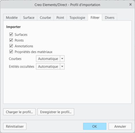 La boîte de dialogue Creo Elements/Direct – Profil d'importation (Creo Elements/Direct – Import Profile), avec l'option Propriétés de la matière (Material properties) ajoutée.