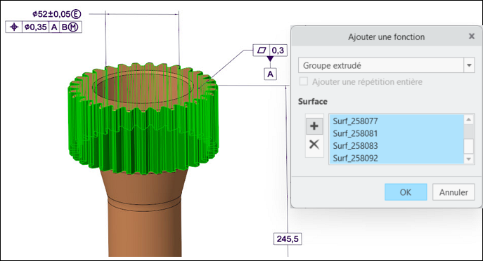 Affiche les résultats de la sélection de rectangle. Les surfaces de type engrenage sur le modèle cylindrique sont mises en surbrillance en vert. La boîte de dialogue Ajouter une fonction répertorie les surfaces sélectionnées.