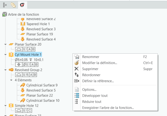 Arbre de fonctions dans l'onglet GD&T Advisor affichant le menu contextuel d'une fonction. Le menu contextuel contient les commandes Renommer, Modifier la définition, Supprimer, Réordonner, Définir la référence, Options, Développer tout, Réduire tout et Enregistrer l'arbre de la fonction.