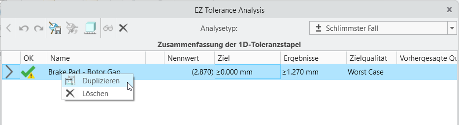 Dialogfenster "EZ Tolerance Analysis" mit der Tabelle "Zusammenfassung der 1D-Toleranzstapel" mit einem geöffneten Kontextmenü für eine Stapelzeile und hervorgehobenem Befehl "Duplizieren"