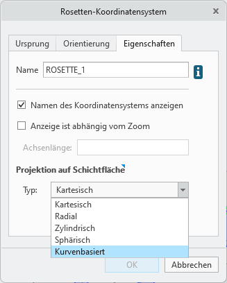 Dialogfenster "Rosetten-Koordinatensystem" (Rosette Coordinate System) mit der Registerkarte "Eigenschaften" (Properties), auf der die Option "Kurvenbasiert" (Curve-based) im Feld "Typ" (Type) und ein Kollektor "Kurve" (Curve) zum Auswählen der Referenzkurve zu sehen ist