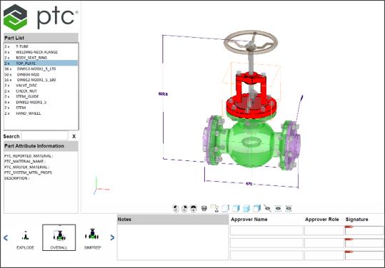 3D-Modell einer Ventilbaugruppe mit hervorgehobenen Teilen, Mengenstückliste, Attributinformationen und interaktiven Ansichtssteuerungen. Enthält ein Unternehmenslogo und Abschnitte für Notizen, Name des Genehmigers, Genehmigerrolle und Signatur.