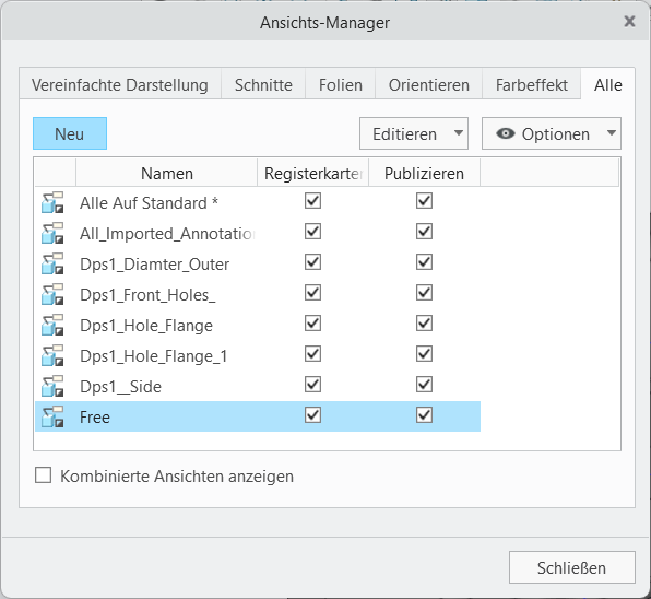 Das Dialogfenster Ansichts-Manager in Creo Parametric zeigt Dokuebenen mit Zeichen an, die bisher nicht unterstützt wurden.