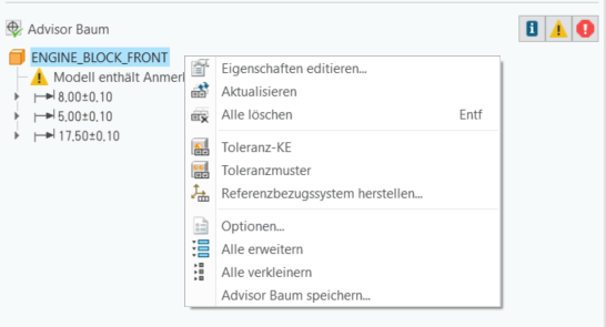 Advisor Baum auf der Registerkarte "GD&T Advisor" mit Kontextmenü für ein Modell. Das Kontextmenü enthält die Befehle "Eigenschaften editieren", "Aktualisieren", "Alle löschen", "Toleranz-KE", "Toleranzmuster", "Referenzbezugssystem herstellen", "Optionen", "Alle erweitern", "Alle verkleinern" und "Advisor Baum speichern".