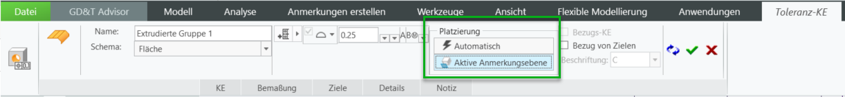 Die Platzierungsoptionen "Automatisch" und "Aktive Anmerkungsebene" werden in der Multifunktionsleiste auf der Registerkarte "Toleranz-KE" hervorgehoben