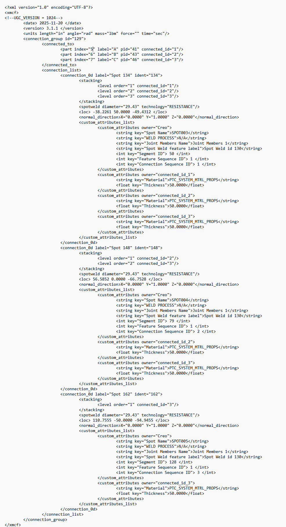 File XML che mostra le informazioni sulla saldatura a punti esportate