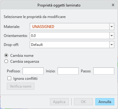 Finestra di dialogo Proprietà oggetti laminato che mostra l'etichetta NON ASSEGNATO nella casella Materiale.