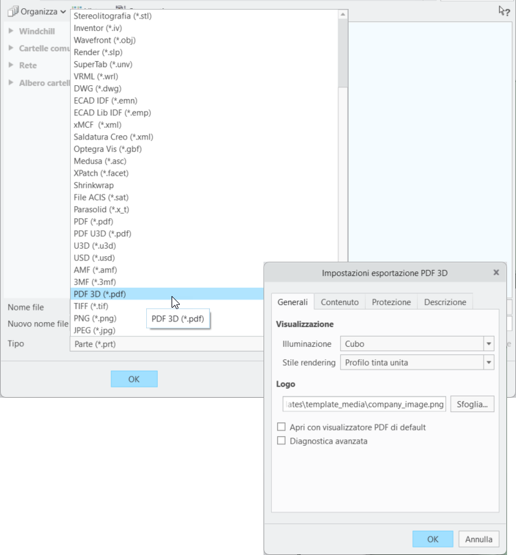 Menu Tipo, con selezione del tipo di file PDF 3D, insieme alla finestra di dialogo Impostazioni esportazione PDF 3D. La scheda Generali è selezionata con le opzioni Visualizzazione e Logo.