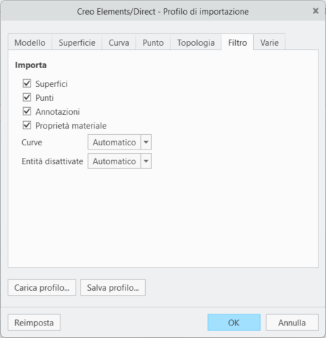 Finestra di dialogo Creo Elements/Direct - Profilo di importazione con l'opzione Proprietà materiale aggiunta.