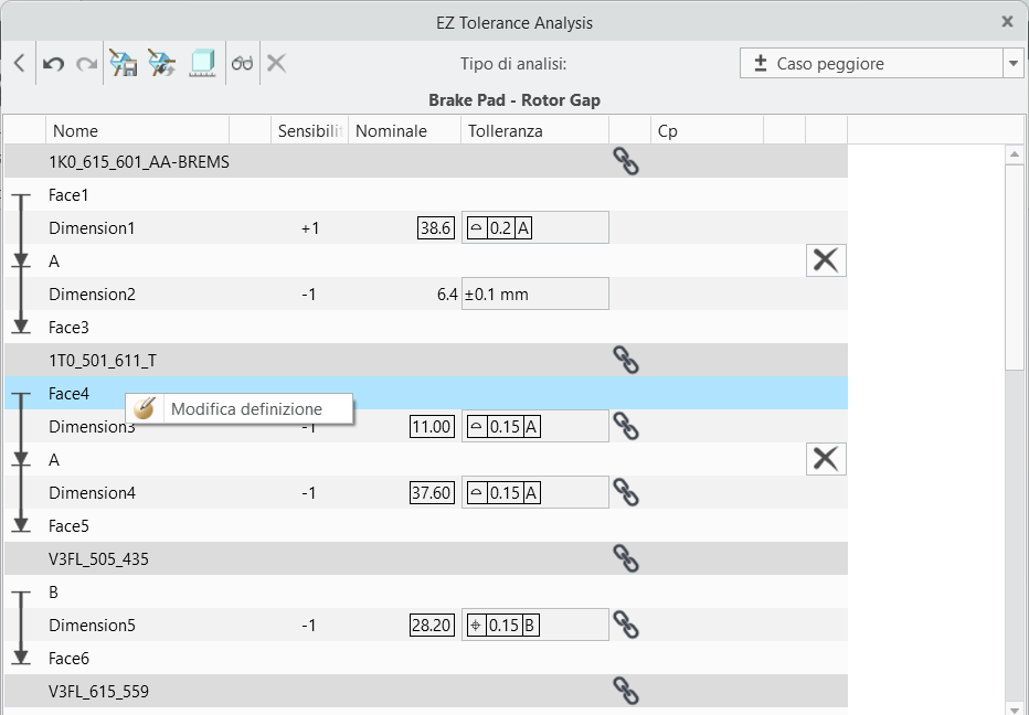 Finestra di dialogo di EZ Tolerance Analysis con il comando Modifica definizione nel menu di scelta rapida di una feature di accoppiamento.