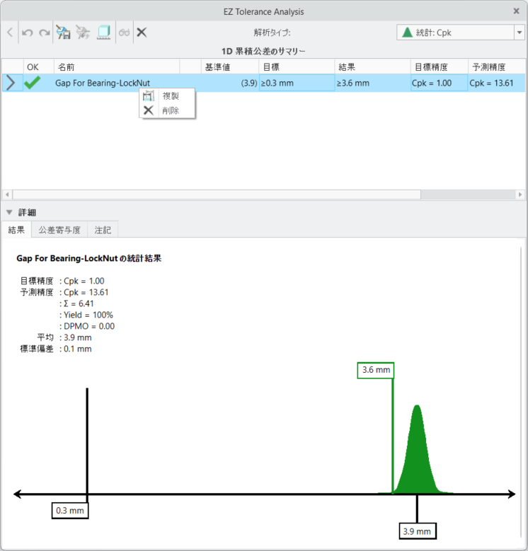 累積のショートカットメニューの「複製」コマンドが表示された「EZ Tolerance Analysis」ダイアログボックス