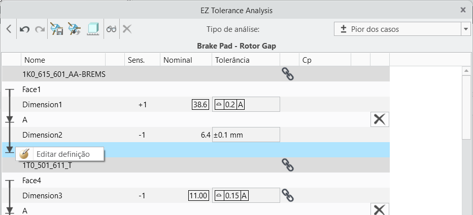 Caixa de diálogo EZ Tolerance Analysis exibindo uma tabela de acúmulos de brecha axial com dimensões e tolerâncias, com o menu de contexto para um elemento de contato exibindo a opção Editar definição.