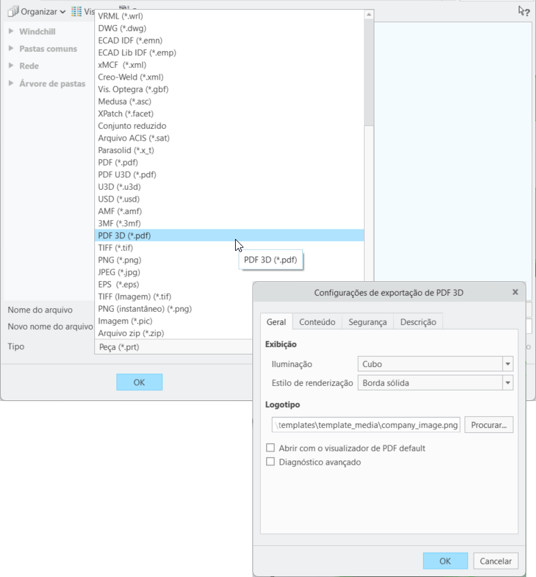 O menu Tipo, selecionando o tipo de arquivo PDF 3D, juntamente com a caixa de diálogo Configurações de exportação de PDF 3D. A aba Geral é selecionada com as opções Exibir e Logotipo.