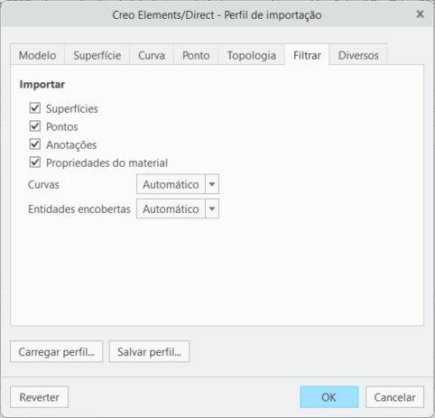 A caixa de diálogo Creo Elements/Direct — Perfil de importação, com a opção Propriedades do material adicionada.