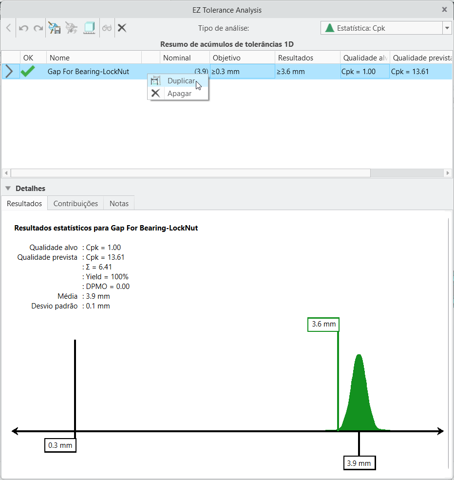 Caixa de diálogo EZ Tolerance Analysis exibindo o comando Duplicar no menu de atalho de um acúmulo.