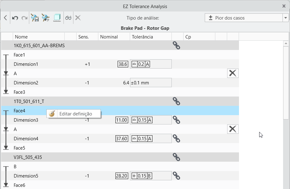 Caixa de diálogo EZ Tolerance Analysis exibindo o comando Editar definição no menu de atalho de um elemento de contato.