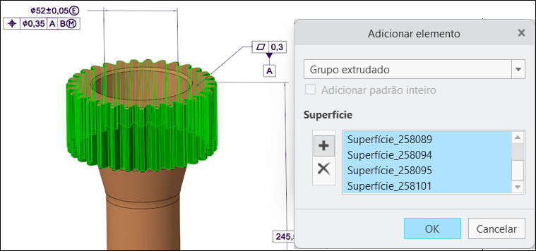 Exibe os resultados da seleção de caixa. Superfícies que parecem engrenagens no modelo cilíndrico são destacadas em verde. O diálogo Adicionar elemento exibe uma lista das superfícies selecionadas.