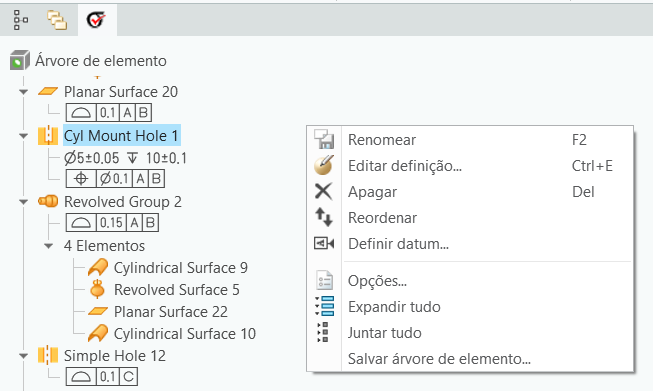 Árvore de elemento na aba GD&T Advisor exibindo o menu de contexto para um elemento. O menu de contexto contém os comandos Renomear, Editar definição, Apagar, Reordenar, Definir datum, Opções, Expandir tudo, Juntar tudo e Salvar árvore de elemento.