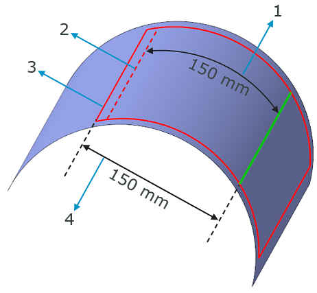 El efecto de transición aplicado a una capa de material ubicada en una superficie curva. Los resultados varían ligeramente en función del tipo de desvío seleccionado.