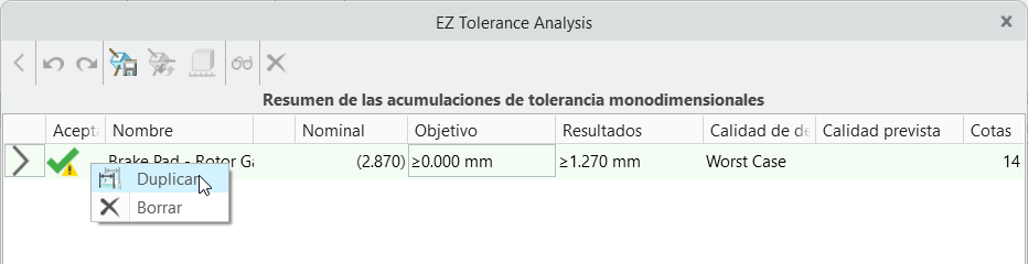 Cuadro de diálogo de EZ Tolerance Analysis en el que se muestra la tabla Resumen de las acumulaciones de tolerancia monodimensionales, con un menú contextual abierto para una fila de acumulación y el comando Duplicar (Duplicate) realzado.