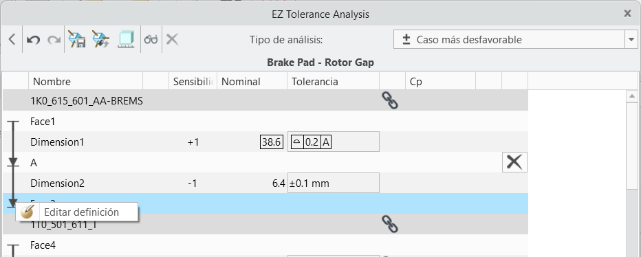 Cuadro de diálogo de EZ Tolerance Analysis en el que se muestra una tabla de acumulaciones de brechas axiales con cotas y tolerancias, con el menú contextual para una función de contacto que muestra la opción de editar definición.