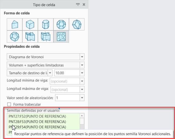 Selector de semillas definidas por el usuario de la ficha Tipo de celda.