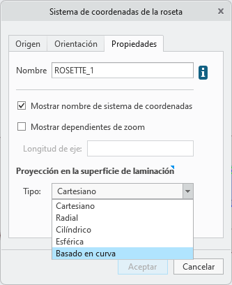 Cuadro de diálogo Sistema de coordenadas de la roseta (Rosette Coordinate System) en el que se muestra la ficha Propiedades (Properties) con la opción Basado en curva (Curve-based) en el cuadro Tipo (Type) y un selector Curva (Curve) para seleccionar la curva de referencia