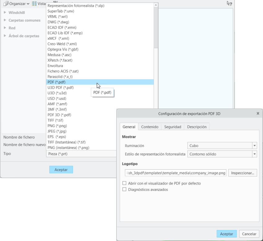 El menú Tipo (Type), se selecciona el tipo de fichero PDF 3D, junto con el cuadro de diálogo Configuración de exportación PDF 3D (3D PDF Export Settings). La ficha General selecciona con las opciones Mostrar (Display) y Logotipo (Logo).