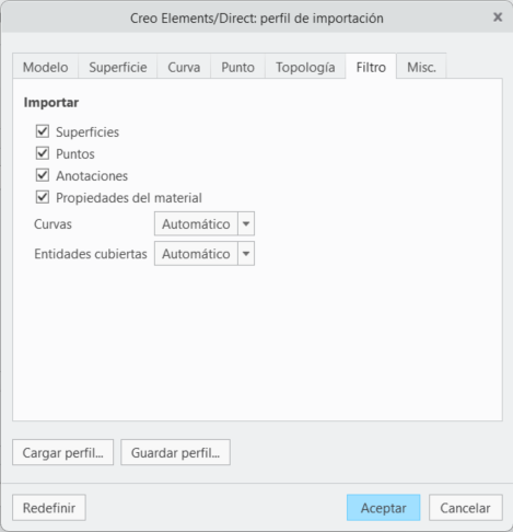El cuadro de diálogo Creo Elements/Direct – Import Profile (Creo Elements/Direct – Import Profile), con la opción Propiedades del material (Material properties) añadida.