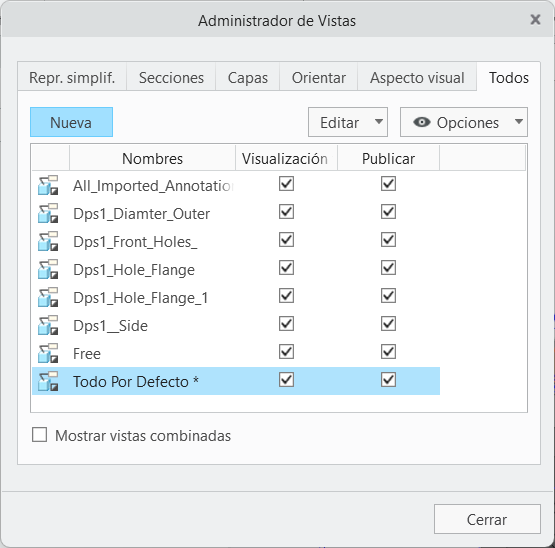 En el cuadro de diálogo Administrador de Vistas (View Manager) de Creo Parametric se muestran planos de documentación con caracteres que anteriormente no se soportaban.