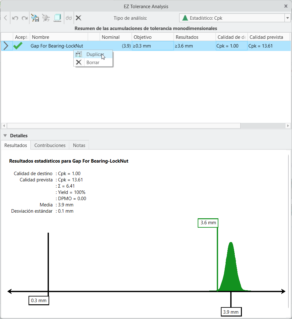 Cuadro de diálogo de EZ Tolerance Analysis en el que se muestra el comando Duplicar (Duplicate) del menú de accesos directos de una acumulación.
