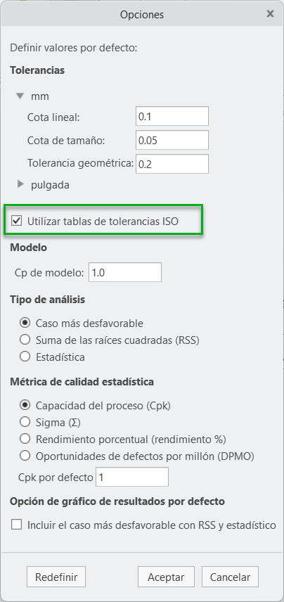 Cuadro de diálogo de opciones de la ficha EZ Tolerance en el que se muestra la casilla Utilizar tablas de tolerancia ISO (Use ISO tolerance tables).