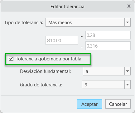 Cuadro de diálogo de editar tolerancia en el que se muestran el tipo de tolerancia Más menos (Plus Minus), la casilla Tolerancia gobernada por tabla (Table-driven Tolerance) seleccionada, la desviación fundamental A y el grado de tolerancia 11.