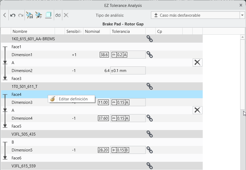 Cuadro de diálogo de EZ Tolerance Analysis en el que se muestra el comando Editar definición (Table-driven Tolerance) en el menú de accesos directos de una función de contacto.